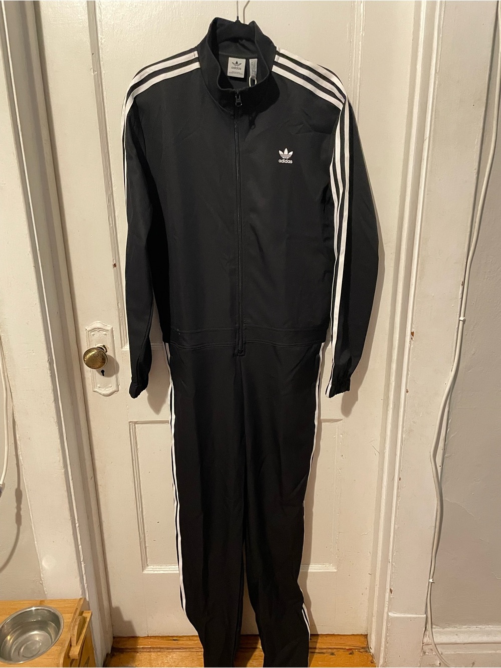 adidas Black One-Piece Track Jumpsuit with White Stripes